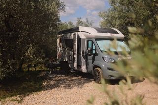 Ein Camper ist bei den Bäumen geparkt